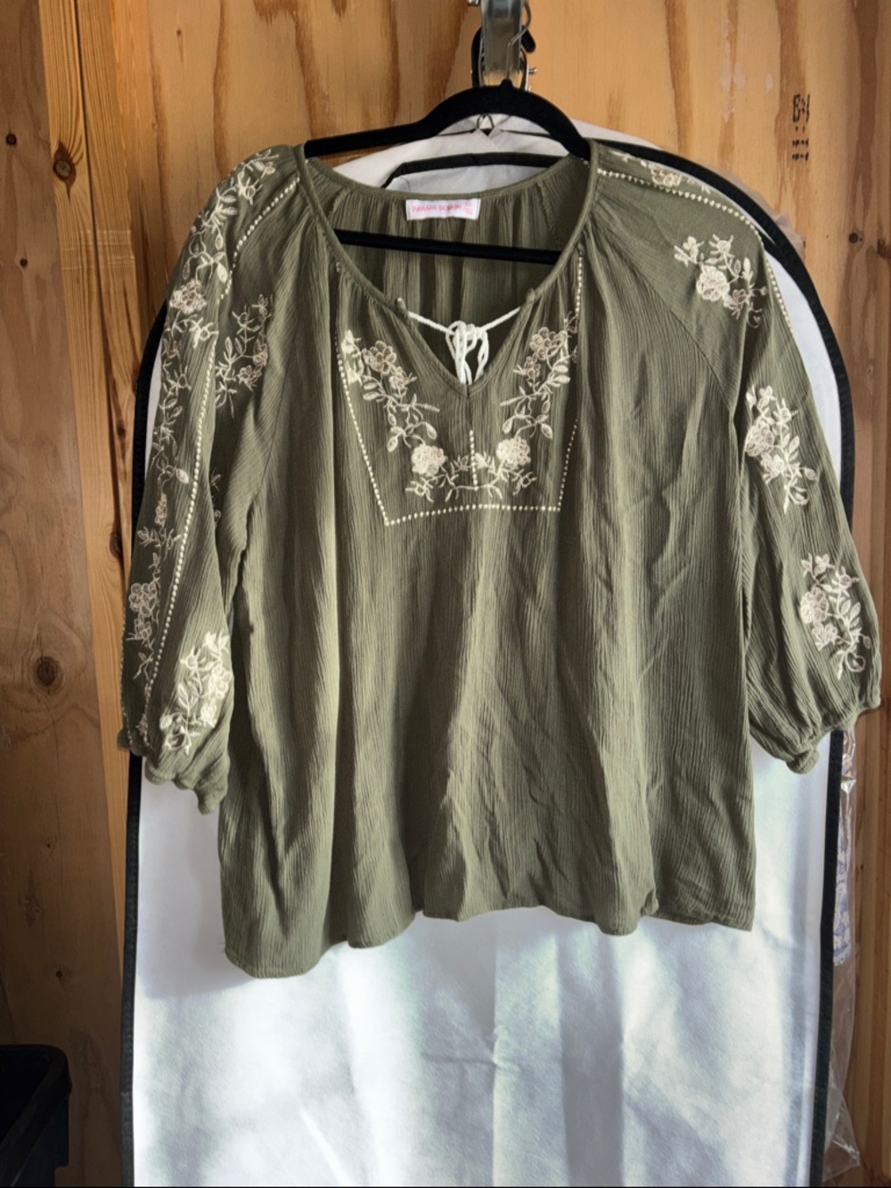 Olive Floral Embroidered Tie-Neck Peasant Blouse - Women's Top